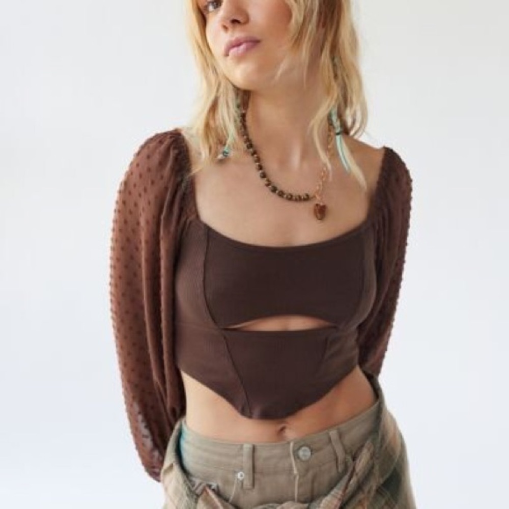 NWT Urban Outfitters Mirabel Puff‎ Sleeve Cropped Blouse Chocolate Brown XXXL